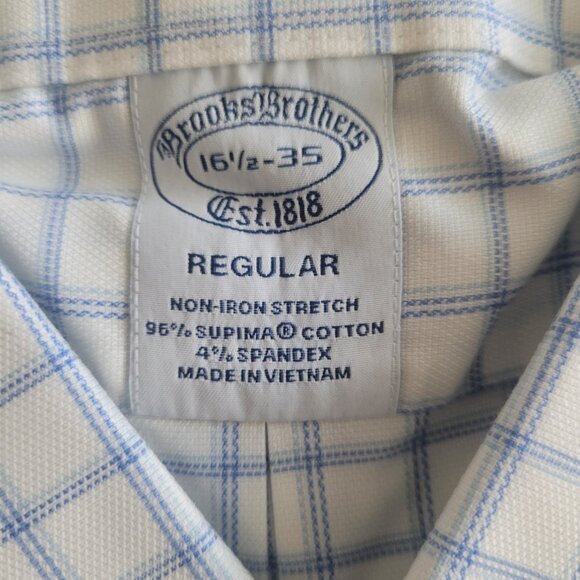 NWT BROOKS BROTHERS Men's Non Iron Stretch Long Sleeve Shirt  Blue Check Sz 16.5 - Picture 2 of 4